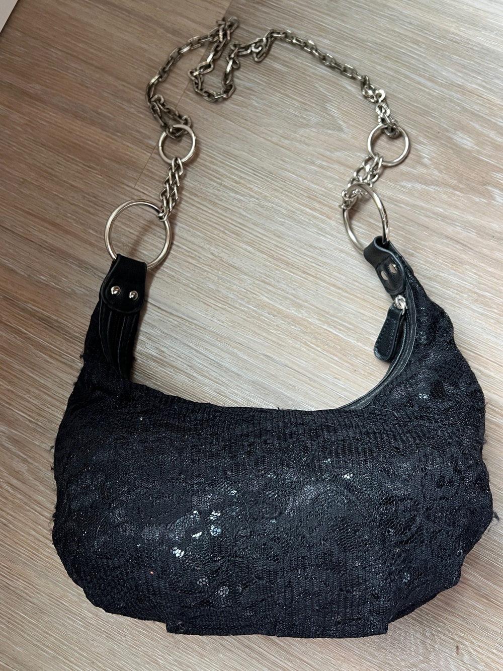 Y2K Black Lace Sequin Shoulder Bag Chain Strap Grunge Fairycore Purse silver